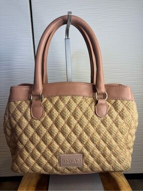 Red Valentino- Quilted Straw Satchel with Pink-Tan Leather Trim